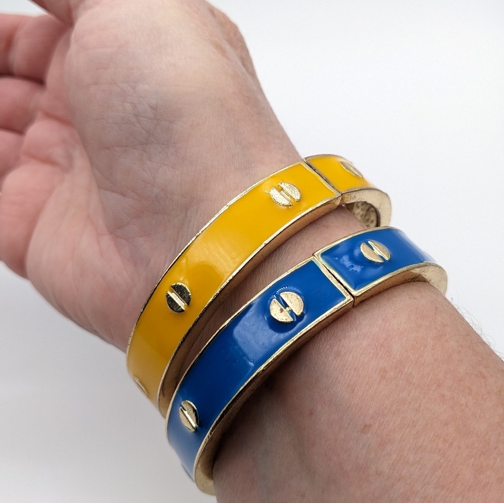 Hinged Bracelets Blue & Yellow Enamel Gold Tone - Picture 7 of 7
